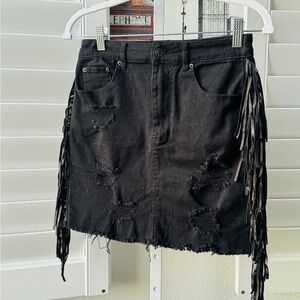 Forever 21 Black Distressed Denim Mini Skirt with Fringe